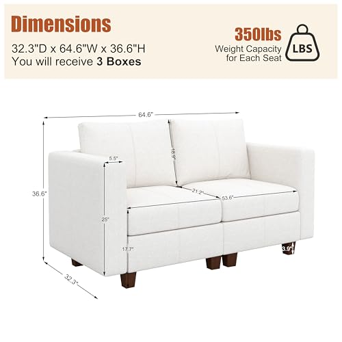 MINCETA Modular Sectional Sofa, Modern Comfy Sofa with Upholstered and Storage Ottoman for Living Room,Bedroom(White, Loveseat Sofa) - color: White, size: 64.6"W*32.3"D