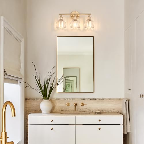 Shenmoyl Bathroom Light Fixtures, 3-Light Brass Vanity wall Light Over Mirror with Clear Tulip Glass Shade for Bedroom Living Room (Bulb Not Included) - color: Yellow Gold Base-Clear, size: 3-light