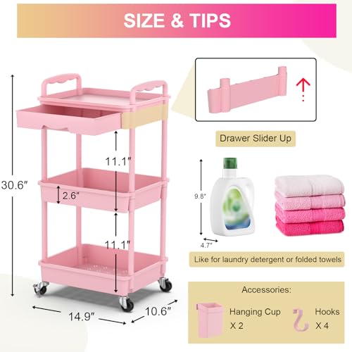 Goovilla 3 Tier Rolling Utility Cart Organizer with Removable Drawer, Pink | Stable and Sturdy Rolling Storage Carts with 2 Lockable Wheels for Bathroom, Kitchen, Snack, Craft, Makeup, Baby Essentials - size: 3 Tier, style: Pink