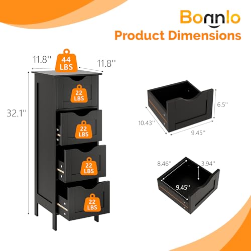 Bonnlo Slim Bathroom Floor Cabinet, 4-Drawer Wooden Freestanding Storage Unit, Small Side Organizer for Narrow Spaces, Compact Bathroom Storage Cabinet for Kitchen, Hallway & Office, Matte Black - color: Black