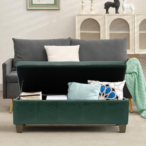 41" Storage Ottoman, Storage Bench with Safety Hinge, Upholstered Synthetic Leather Ottoman Bench for Bedroom, Living Room, Entryway, Hallway, Foot Rest, Support 500lbs - color: Green, size: 41 inch