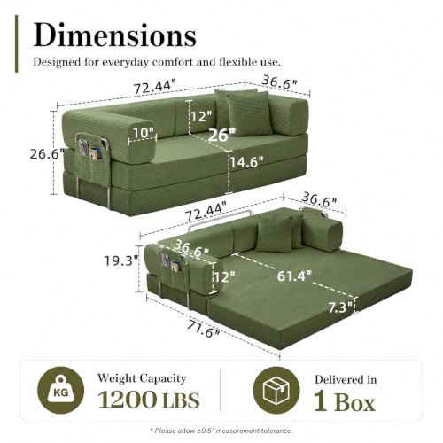 GEARIVY Folding Sofa Bed Convertable Corduroy Couch King Size Floor Sleeper 4-in-1 DIY Combination Modular Sofa Fold Out Futon Lounge Comfy Foldable Lazy cama for Living Room - color: Green, size: 80.3 inch sofa