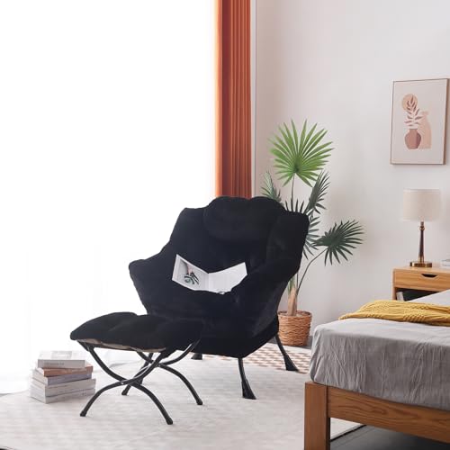 Lazy Chair with Ottoman, Comfy Accent Reading Chair, Plush Black | Foldable Footrest,Removable Cover,with Armrests and Side Pockets,Upholstered Lounge Chair for Bedroom,Dorm,Office,Small Space - color: Plush Black