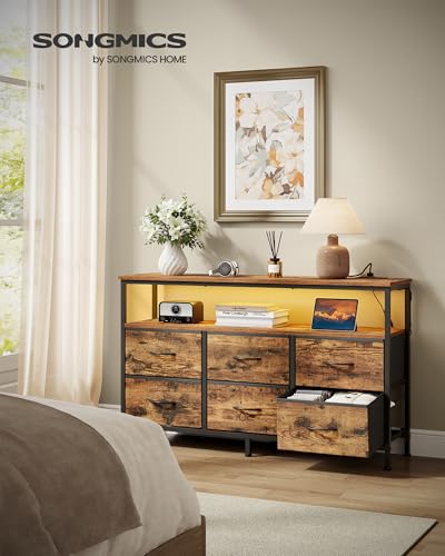 SONGMICS BELLAH Collection - Dresser for Bedroom, Chest of Drawers, TV Stand for TVs Up to 55 Inches, Living Room, Closet, 6 Drawers and 1 Shelf, Industrial, Rustic Brown and Ink Black ULGS833KD02S - color: Rustic Brown + Ink Black, size: 11.8"D x 44.8"W