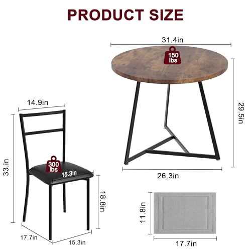 CABIHOME Dining Table Set for 2, Kitchen Table Set for 2, Kitchen Table Set with 2 Upholstered Chairs, Round Dining Table Set for Small Space, Apartment, Retro Brown - color: Retro Brown, size: Round Table with 2 Upholstered Chairs