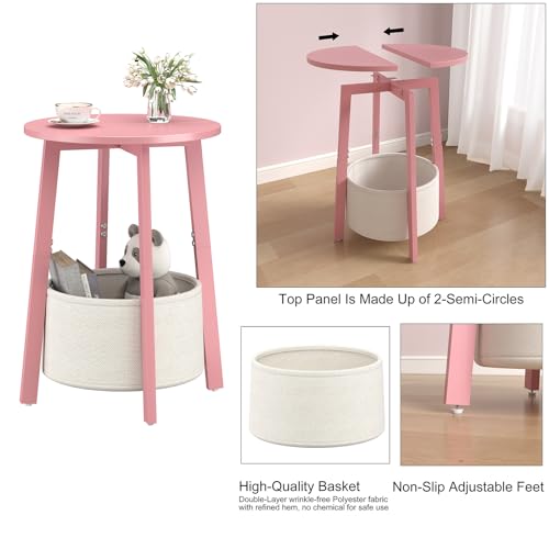 sthmec Small Round Side End Table with Cloth Storage Basket, Round Bedside Sofa Couch Coffee Tables for Small Places with Metal Frame, Modern Nighstands for Living Room Bedroom, Pink - color: Pink