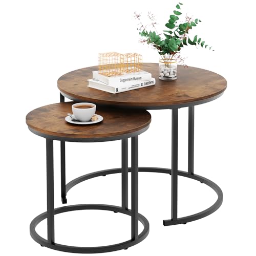 aboxoo Coffee Table Nesting Round Table Set of 2 Side Table with Sturdy Metal Frame for Living Room Bedroom Apartment Modern Industrial Simple Nightstand,Rustic Brown - color: Rustic Brown