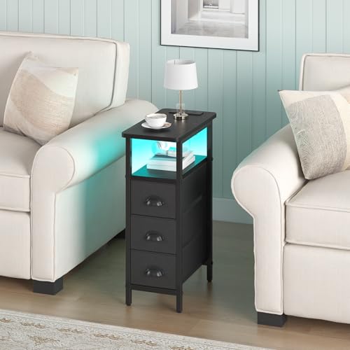 sthmec End Table with Charging Station,LED Side Tables with USB Ports and Outlets,Skinny Bedside Tables with 3 Drawers,Small Tabls Nightstands for Small Space,Slim Sofa Table for Livingroom,Black - color: Black, size: 7.88'' W*15.75'' D*24.3'' H, style: P