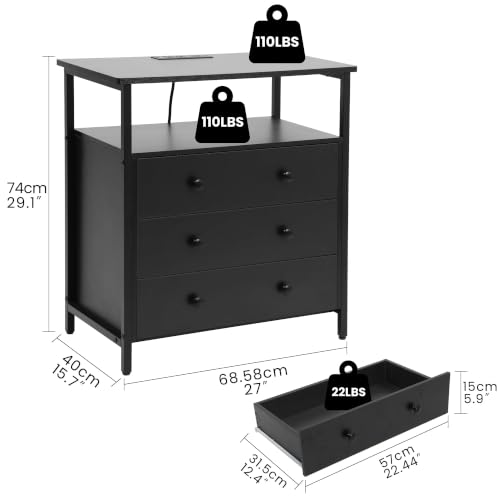 Edbuosy 27" Wide Nightstand with Charging Station & 3 Drawer, Black | Small Dresser for Closet, 2 AC Outlets & 2 USB Ports, Open Shelf, Adjustable Feet, Wood Nightstand for Living Room or Bedroom - color: Black, size: 3 Drawer