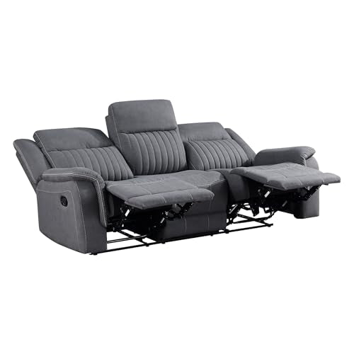 Lexicon Polished Microfiber Wall Hugger Manual Double Reclining Sofa, Gray | 86"W Upholstered 3 Seater Manual Sofa Recliner for Living Room/Apartment, Tool Free Assembly - color: Grey, size: Reclining Sofa