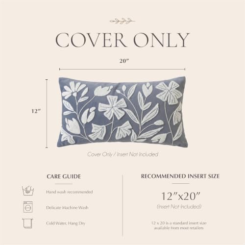 Decorative Lumbar Pillow Cover 12x20, Coastal Dusty Blue Accent Velvet Throw Pillowcase for Couch Sofa Living Room, Floral Tufted Rectangular Cushion, Cover Only - color: Dusty Blue, size: 20" x 12" (Pack of 1)