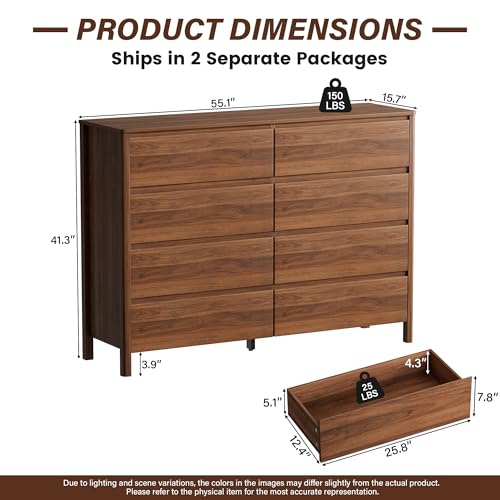 Furniway 55" Mid-Century Modern Dresser for Bedroom, 8 Drawer Wide Chest of Drawers with Wood Legs, Large Storage Bedroom Dresser, Walnut - size: 8 Drawers