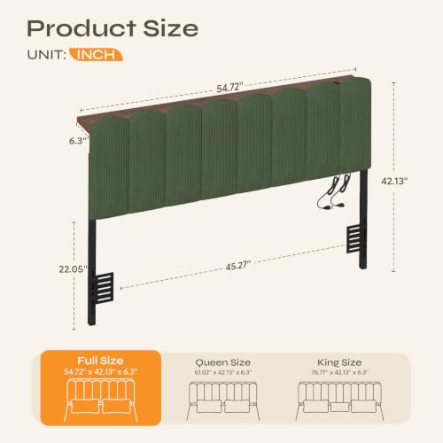 Full LED Light Headboard with Storage Shelf, Olive Green | RGB LED 20 colors 21 modes, remote control, scalloped tufted, USB-A & Type-C ports, storage shelf, adjustable, foam padded - color: Olive Green, size: Full