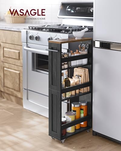 VASAGLE 4-Tier Slide-Out Storage Cart, Slim Kitchen Cart for Small Spaces, with Wheels, Handle, Bathroom, Laundry Room, 5.9 x 17 x 34.1 Inches, Ebony Black and Rustic Brown ULRC050K02 - color: Ebony Black + Rustic Brown, size: 5.9"D