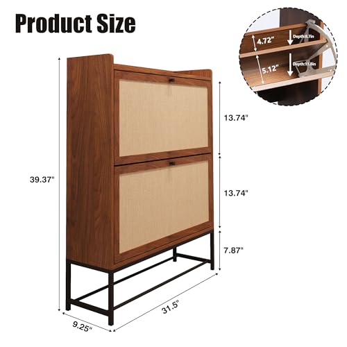 Narrow Shoe Storage Cabinet for Entryway with 2 Flip Drawers, Walnut | Freestanding Narrow Shoe Cabinet with Natural Linen Panel, Slim Wood Shoe Organizer Closed Shoe Rack for Hallway, Foyer - color: Walnut, size: 2 Drawers Standard
