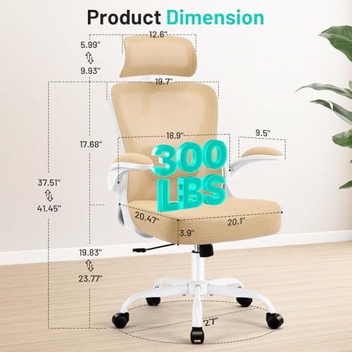 Office Chair - Ergonomic Desk Chair Breathable Mesh Chair with 2D Headrest & Adjustable Lumbar Support - Executive High Back Rolling Swivel Computer Gaming Chair with Wheels Flip-up Armrests - color: Khaki/White