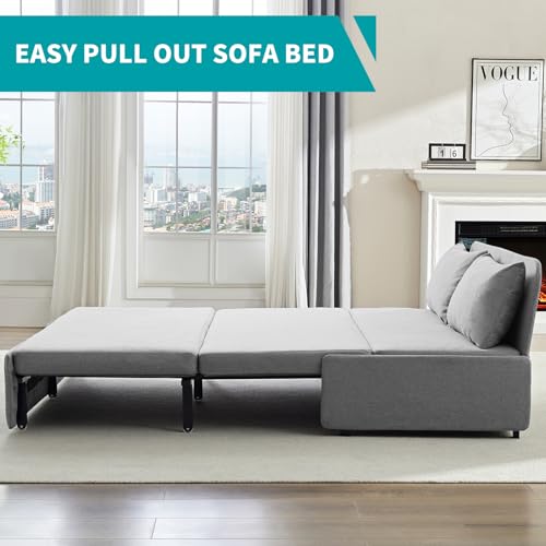 BALUS 64" W Queen Size Pull Out Sleeper Sofa Bed Pull Out Couch -Light Grey | 2 in 1 Convertible Bed, Linen Loveseat Sofa, with Pillow and Tri-fold Mattress,Loft Sofa for Small Space - color: Light Grey, size: Queen