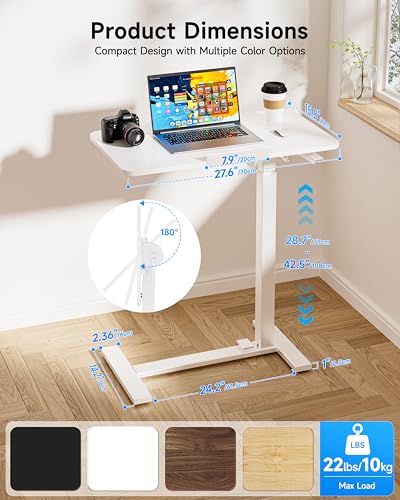 BIZUM Mobile Standing Desk Laptop Desk Pneumatic with Wheels 180° Tilt Top Hospital Bed Table Portable Rolling Cart Foldable Bedside Table for Hospital&Home Use, White - color: White