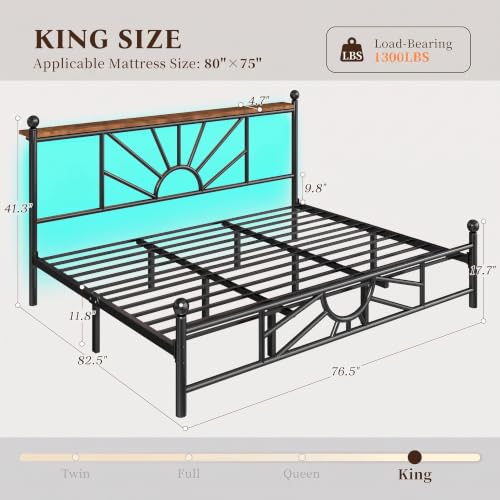 Homkdom King Metal Bed Frame with Victorian Headboard & Storage Shelf | Under-Bed Storage for Teens Room & Apartments, Slip Resistant, LED lights, No Box Spring Needed, 1300lbs stability, Black - color: Black, size: King (U.S. Standard)
