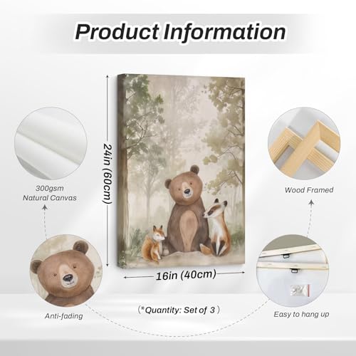 Woodland Nursery Wall Art Decor Animal Forest Canvas Prints Baby Boy Room Wall Decor Bear Nursery Nature Pictures Deer Prints Artwork for Boy Girl Kids Bedroom 16x24 Inch Wrapped Canvas Set of 3 - color: Forest deer Prints, size: 16x24 Inch Canvas