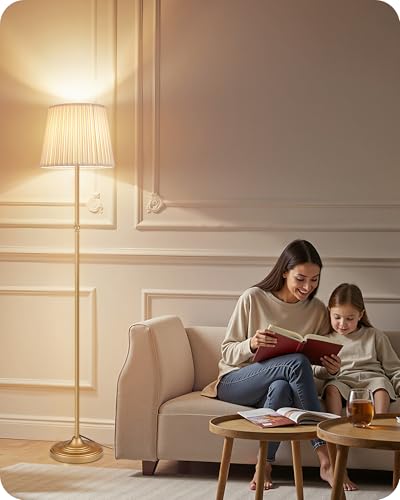 Dimmable Floor Lamp for Living Room, 68" Tall Standing Lamp, Reading Light with Remote & Foot Pedal, 10W LED Bulb (3000K-6500K) Included, FCC Listed, Reinforced Base, Gold and White DW12LD05 - color: Gold + White