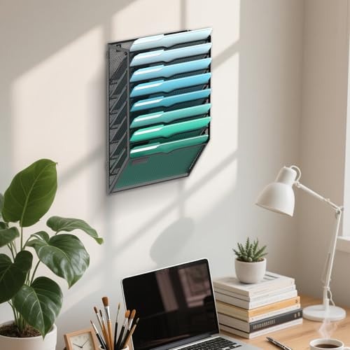 8-Tier Wall File Organizer, Hanging File Holder, Wall Mounted Mail Sorter | Metal Mesh Hanging File Organizer with Open Compartments and Label Panels for Papers and Folders at Home, Office or School - size: 8-Tier
