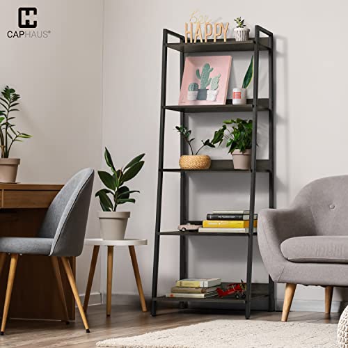 CAPHAUS 5 Tier Ladder Bookshelf, 24 Inch Width Free Standing Shelf, Bookcase Shelf Storage Rack Organizer, Industrial Book Shelves for Home Office, Living Room, Kitchen, Black Wooden Shelves - color: Black, size: 5-Tier