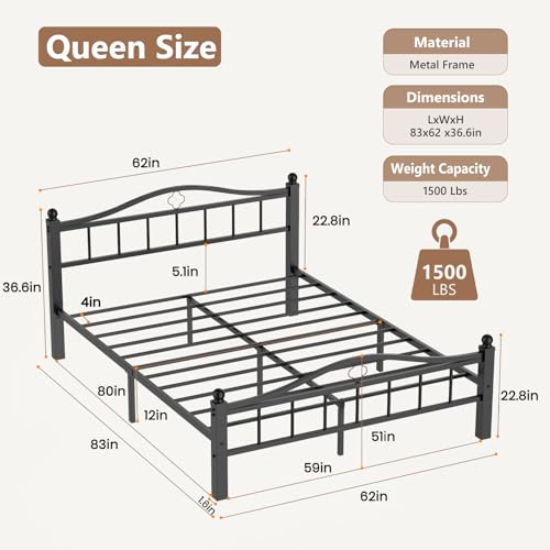 Metal Queen Bed Frame with Headboard | Noise-Free Design, Underbed Storage, Heavy Duty, No Box Spring Needed, Tool-Free Assembly - color: Queen -Black
