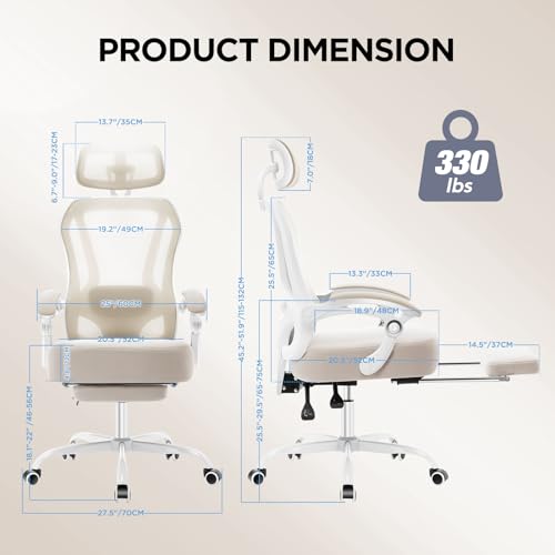 Ergonomic Office Chair with Footrest,Ultra Thick Desk Chair,Cream | 150°Reclining,Mesh High Back,Adjustable 2D Lumbar Support and Headrest,4.8" Spring Cushion,Premium Computer Chair for Adults - color: Cream