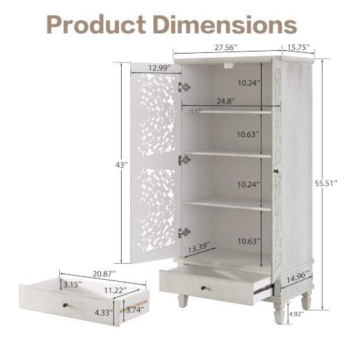 Accent Cabint with Doors, 55" Tall Vintage Storage Cabinet White | Modern Mid Century Cabinet Hollow Carved Door Pantry with 1 Drawer Accent Sideboard For Living Ding Room Entryway Hallway - color: White55"