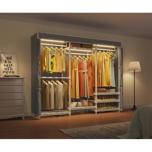 VIPEK V5LC Garment Rack Heavy Duty Covered with Dimmable LED Lights, 3000K Warm White, Portable Closet Wardrobe Freestanding for Hanging Clothes, with Grey Cover - color: White Rack With Grey Cover, style: V5LC