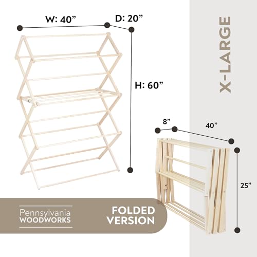 Clothes Drying Rack: Solid Maple Hardwood Laundry Rack for Bedding, Blankets, Towels & More, Heavy Duty, Folding Drying Rack Made in USA, No Assembly Needed, Extra Large - color: X-large