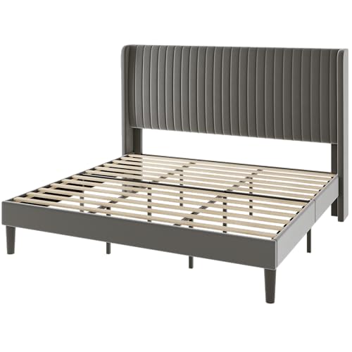 Allewie King Size Velvet Bed Frame/Vertical Channel Tufted Wingback Headboard/Upholstered Platform Bed/No Box Spring Needed/Strong Wooden Slats/Easy Assembly/Grey - color: Grey, size: King