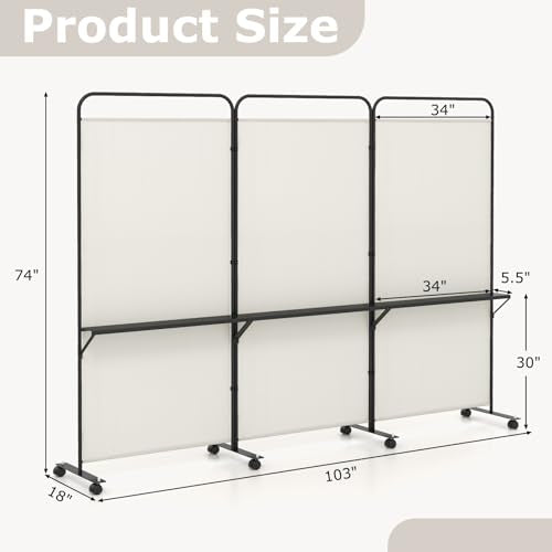 Giantex 3 Panel Room Divider with Wheels and Shelves, 103" W x 74" H Folding Privacy Screen, Rolling Partition Separator for Home Office Studio, Fabric Wall Divider for Room Separation (Beige) - color: Beige