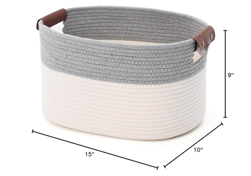 ECDYQXVU 15x10x9 Woven Cotton Rope Storage Basket, Leather Handles 1 Pack | Foldable Design, Sturdy PU Handles, Easy to Clean Organizer for Living Room, Closet, Shelves, Bedroom, Laundry, Clothes - color: White/Grey-1Pack, size: 1 Pack