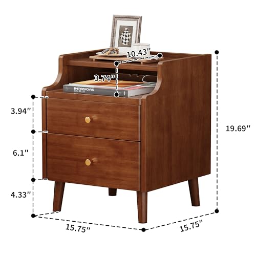 Nightstand with Drawers, 15.7" Solid Wood Side Table for Bedroom, Modern Bedside Table with Pull-Out Tray & Cable Management, Walnut - color: Walnut, size: 16"