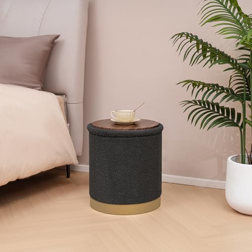 Round Storage Ottoman with Reversible Tray Top, 16.3" Boucle Ottoman Footrest Stool with Metal Base, Upholstered Vanity Stool with Storage for Living Room Bedroom, Dark Grey - color: Teddy-darkgrey