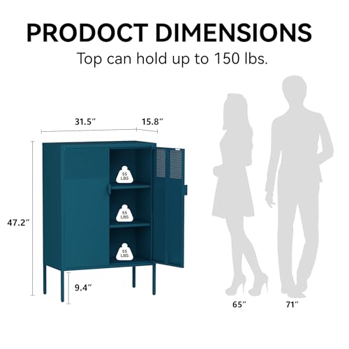 COFaR Peacock Blue Metal Cabinet, 47”H Modern Sideboard with Adjustable Shelves, Stylish Coffee Bar & Buffet Storage for Dining Room, Kitchen, Ventilated Metal Organizer with Magnetic Doors - color: Peacock Blue, size: 47"H with Mesh