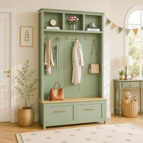 Merax Hall Tree with Storage Bench, Shoe Cabinet & Coat Hooks | 4-in-1 Entryway Design, Spacious Storage, Comfortable Bench, Durable Particle Board, Anti-Tip Safety - color: Mint Green