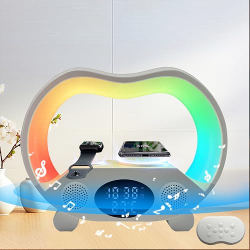 IHAO 6in1 Wireless Charging Station with Bluetooth Speaker Time&Temperature Display Alarm Clock 7-Color LED Night Lights Fast Charger for Phone, Apple Watch, Earbuds Remote Control Auto Shutoff-Black - color: 6in1 Wireless Charger Alarm Clock ZS932 Black