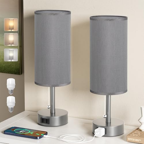 Dark Grey Bedside Table Lamps Set of 2 - Bedroom Lamp for Desk, AC Outlet | 3CCT(3000K/4000K/5000K), LED Bulbs Included, Dark Grey Fabric Lampshade, 14in Small Lamp for Nightstand, Guest Room, Dorm - color: Dark Gray, size: 14.0in