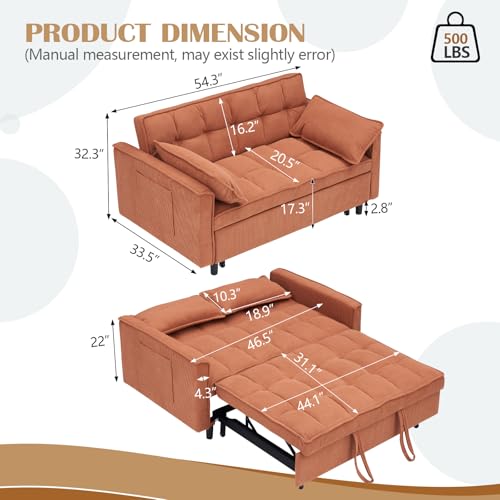 3 in 1 Pull Out Couch,Convertible Sleeper Sofa Bed, Corduroy-Orange | Futon Loveseat Couch with Pull-Out Bed & Adjustable Backrest Velvet Sofa with Side Pocket for Small Apartment - color: Corduroy-orange, size: 54.3 "