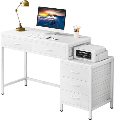 Tribesigns Computer Desk with 5 Drawers, Reversible Home Office Desks | Small Desk with Drawer Cabinet Printer Stand, PC Desk with Storage, White Study Writing Table Workstation for Small Spaces - color: White