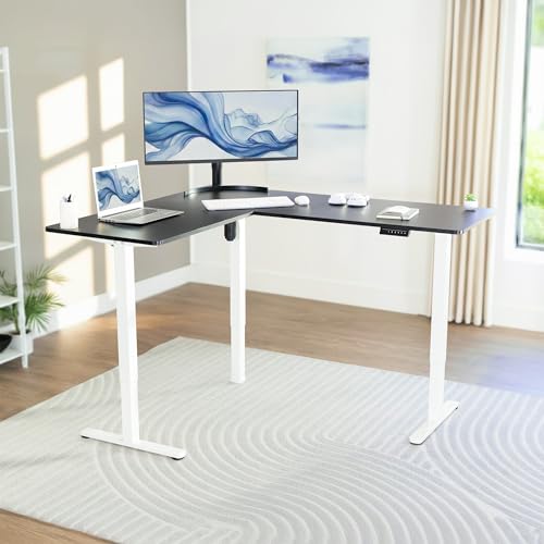 VIVO Black 63 x 55 in Corner Standing Desk, DESK-E3CTWB | Electric, Holds 225 lbs, Reversible L-Shaped Table, Sit Stand, Height Adjustable, Memory Presets, White Frame - color: Black Top / White Frame, size: 55 x 63