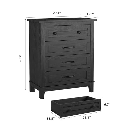 GarveeHome 4 Dresser for Bedroom, 34.8" Tall Vertical Drawer Dresser with Large Storage, Freestanding Wooden Closet Chest for Bedroom, Living Room, Black - color: Dark Black, size: 15.7"D x 29.1"W x 34.8"H (4 Drawers)