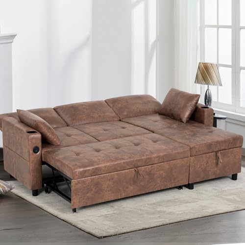 84" L-Shape Pull Out Sofa Bed with Adjustable Backrest, Brown | Upholstered Sectional Sleeper Sofa with Storage Chaise, Suede Leather Reversible Couch Bed with USB Port for Living Room - color: Brown, size: 84"