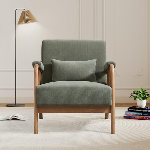 IOMOR Mid Century Modern Accent Chair with Solid Wood Frame, Upholstered Living Room Chairs with Lumbar Cushion Padded Arms, Reading Armchair for Bedroom (1, Olive Green) - color: Olive Green