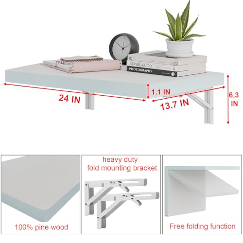IAE Wall Mounted Folding Table with Pine Wood,24" x 14"Floating Wall Desk | Laundry Folding Table with Shelf Brackets,Fold Down Desk Shelf,Fold Workbench for Apartments,Home,Laundry Room,Kitchen,White - color: White, size: 24*13.7*6.3 Inch