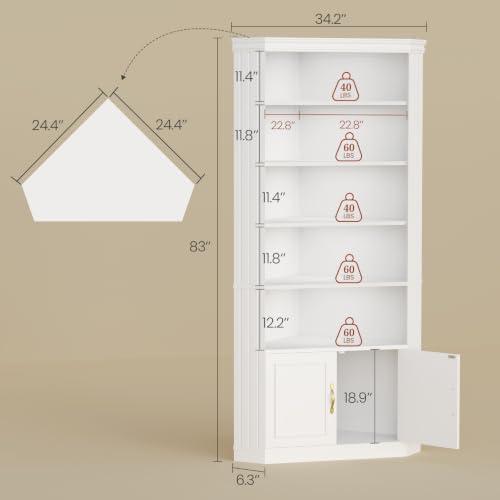 83โ Tall Corner Bookshelf with Storage Cabinet, L-Shaped 5 Tier Bookcase Open Racks, Classical Style Bookshelves Adjustable Shelves, Home Office, Living Room & Kitchen - color: White