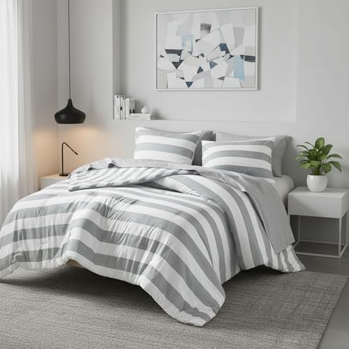 Reversible Striped Queen Comforter Set-Bed in A Bag 7-Pieces Bedding Set with Double-sided Stripes Design-Warm & Cozy Bed Set Includes Queen Size Comforter, Sheets Set, Pillowcases and Shams, Grey - color: Grey, size: Queen